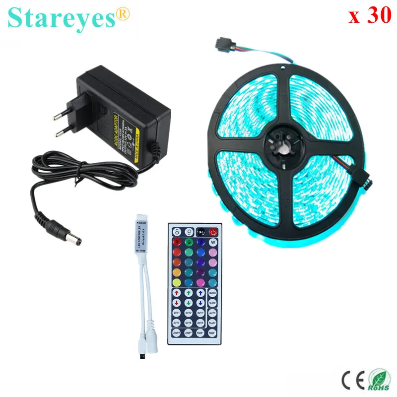 

Free Shipping 30 Sets SMD 5050 60 LED/m RGB LED Strip 5m 300LED IP65 Waterproof strip light + 44 keys IR Remote+3A Power Adapter