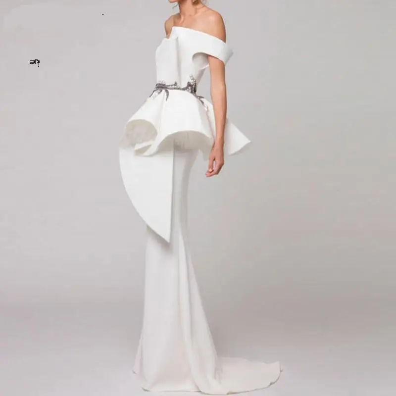 Customized Trumpet Elegant Formal Long Prom Evening Dress White Satin Off-The-Shoulder Irregular Shape Ruffles Beaded Party Gown