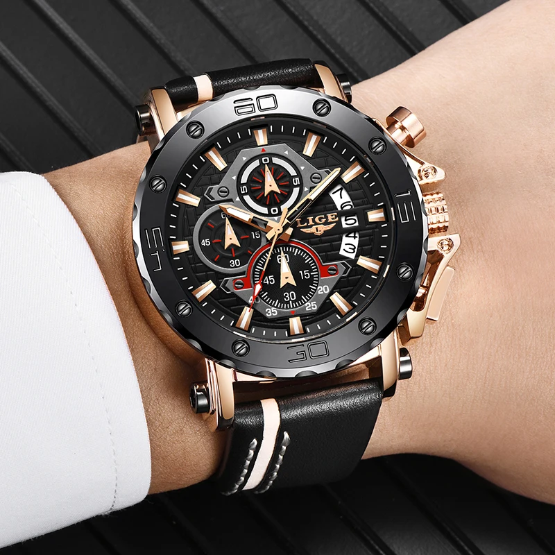 2020LIGE New Fashion Mens Watches Top Brand Luxury Big Dial Military Quartz Watch Leather Waterproof Sport Chronograph Watch Men