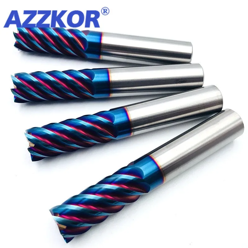 AZZKOR HRC70 6-Flute Tungsten Steel Carbide Blue Nano Coating Flate Milling Cutter CNC Machine Machining Endmill Tools