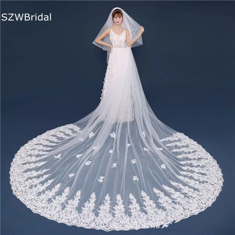 

New Arrival Two Layers Ivory Bridal Veils Flower Appliques wedding veil Sexy Cathedral wedding accessories de mariage Bruiloft