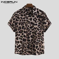 Casual nadruk wzór lamparta koszula męska z krótkim rękawem Party 2023 Camisa Lapel letnia moda męska hawajskie koszule Streetwear INCERUN 5XL