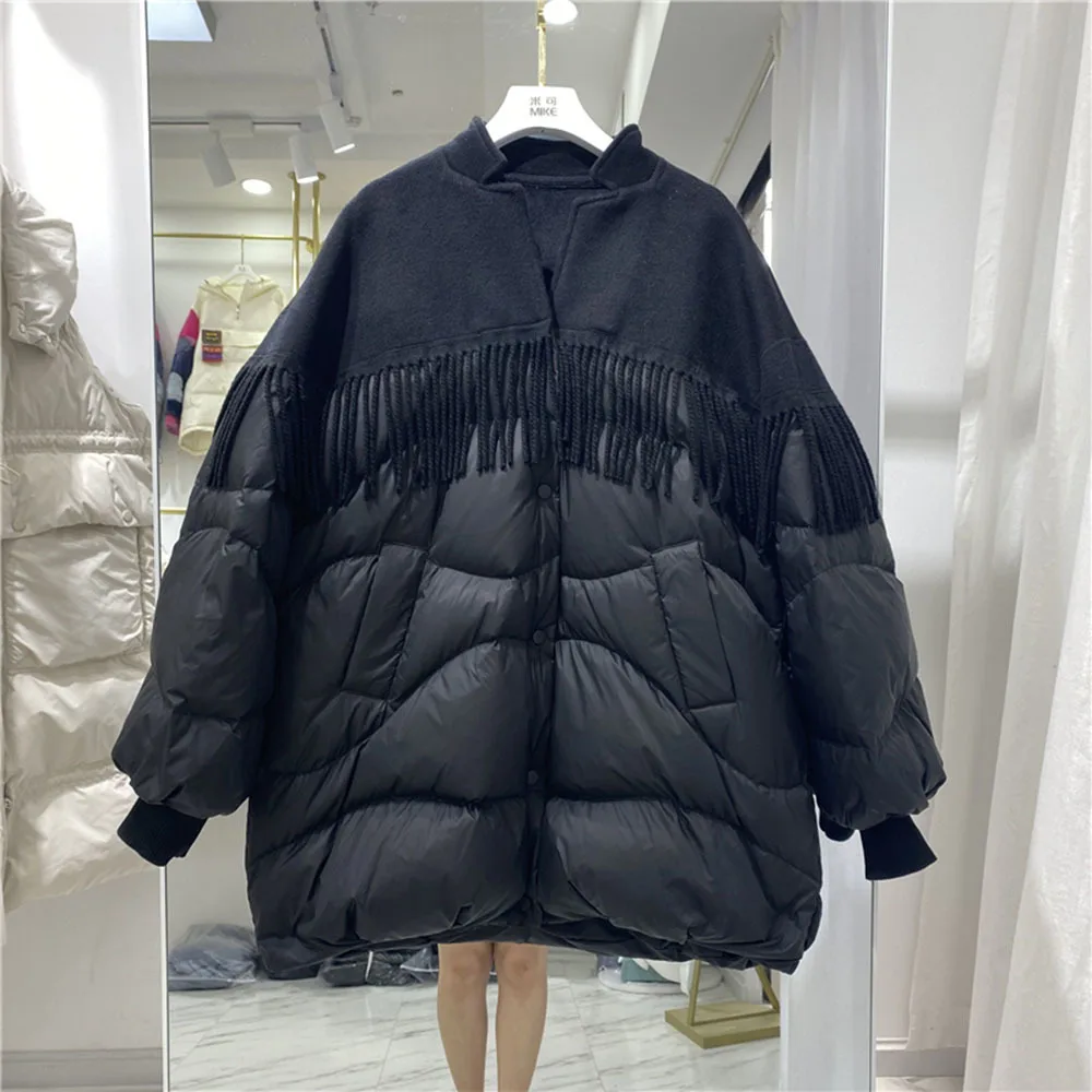 Tassel Stitching 90% white duck Down Jacket Ladies Fashion Stand Collar Loose Large Size Winter Coat Female Warm Down Overcoat