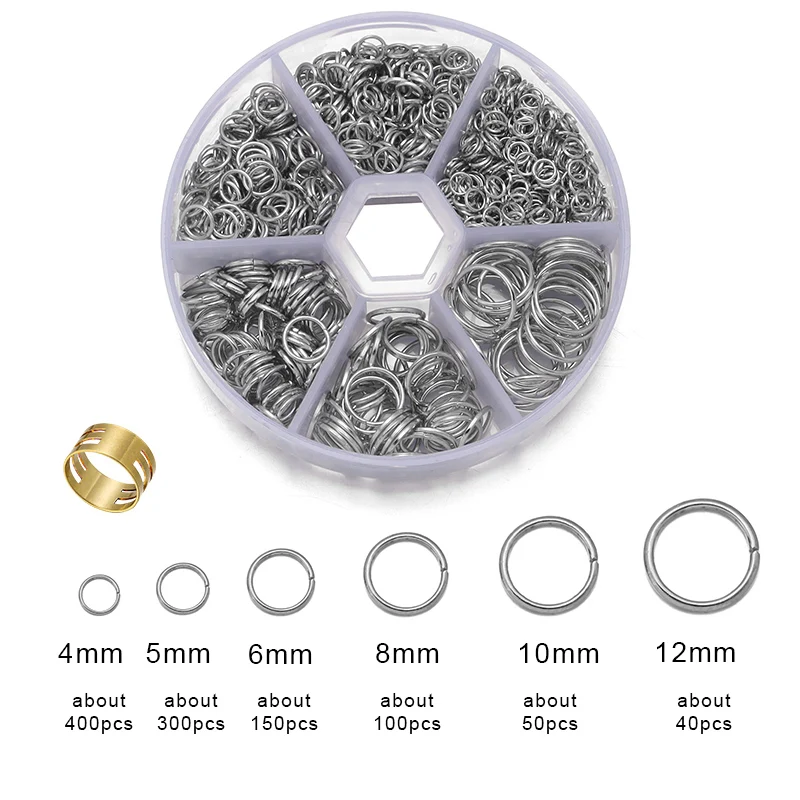 1040 sztuk / pudełko 4 5 6 8 10 mm Pierścienie skokowe Złącza do naszyjników DIY Zestaw do tworzenia biżuterii z otwieraczem do pierścieni skokowych
