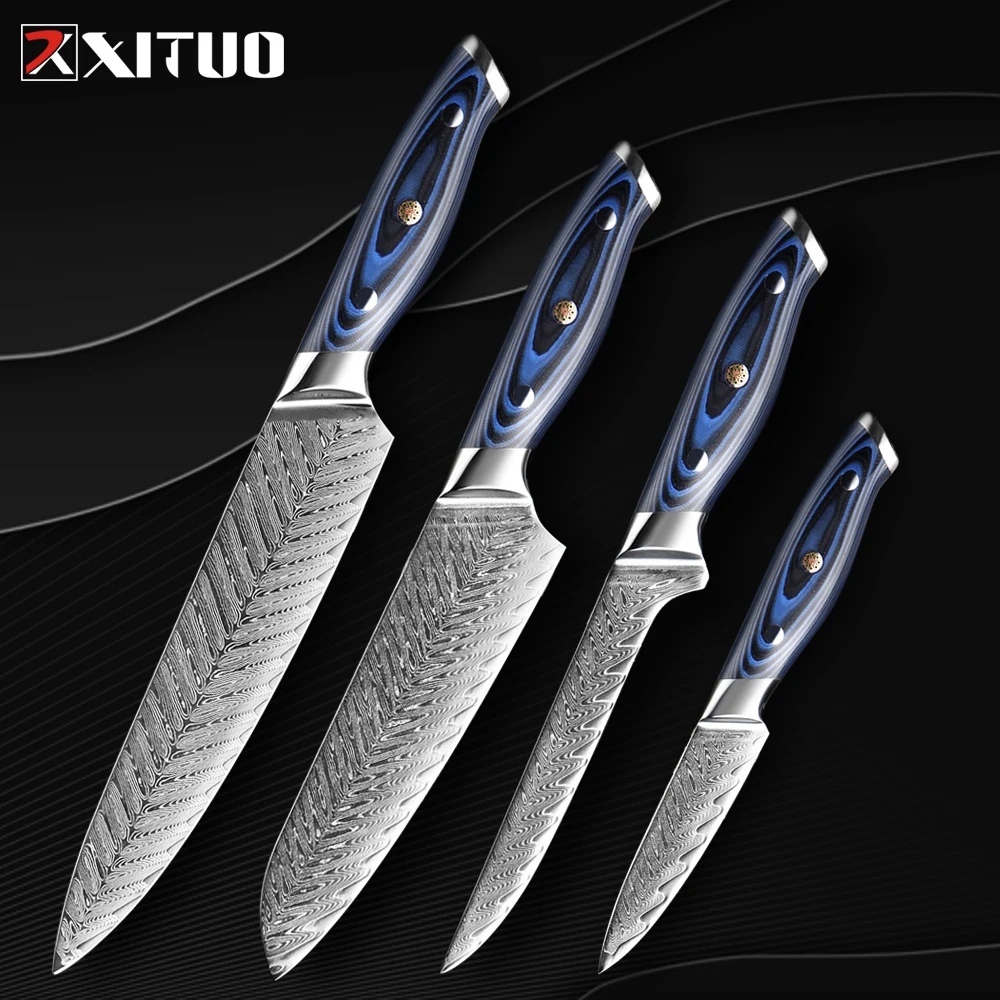 XITUO Damascus Chef Knife Professional Japan Sankotu Cleaver Boning Gyuto Kitchen Knife Cooking Knife Exquisite Plum Rivet Handl