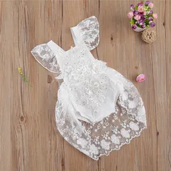 0-24M Newborn Infant Baby Girls Princess Rompers Ruffles Lace Short Sleeve Floral Print Backless Elegant Jumpsuits Dress Outfits