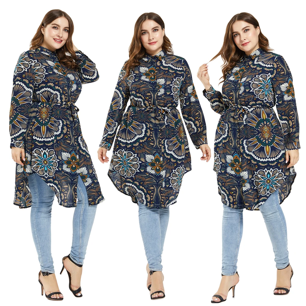 Ramadan Muslim Women Long Sleeve Printed Blouse Tops Long Shirt Abaya Turkey Arab Ladies Dubai Islamic Casual Clothing