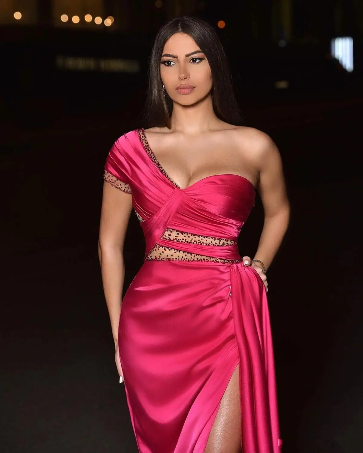 2023 arabisch Prom Abendkleid Perlen Slit Eine Schulter Hohe Split Formale Party Zweite Empfang Kleider Sexy Robe De Soiree