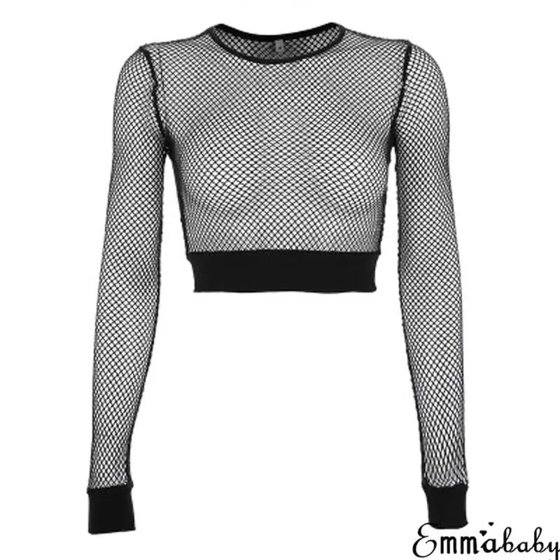 Sexy Black Hollow Out Mesh Female Skinny Crop Top New Fashion Summer Basic Tops For Women Fishnet Shirt