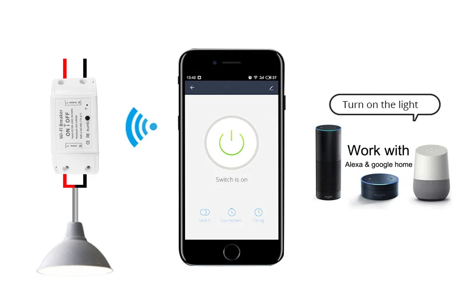 WOFEA-Interruptor de Luz Inteligente WiFi, Temporizador Universal Breaker, Controle Remoto Sem Fio, Funciona com Alexa, Google Home, Smart Life App