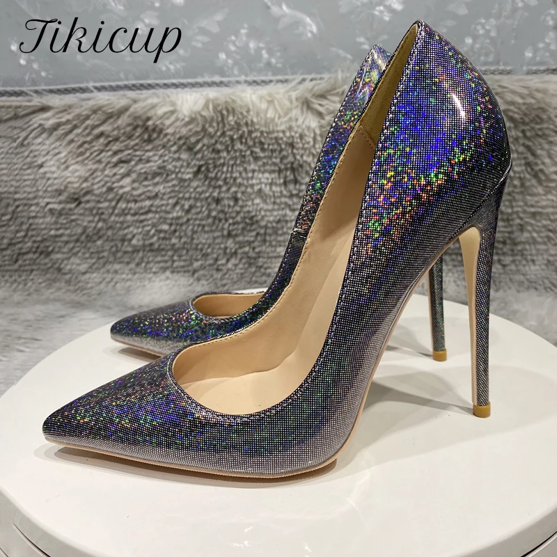 

Tikicup Bling Women Patent Pointy Toe 80-120mm High Heel Party Shoes Sparkly Slip On Thin Stiletto Pumps Plus Size 33-45