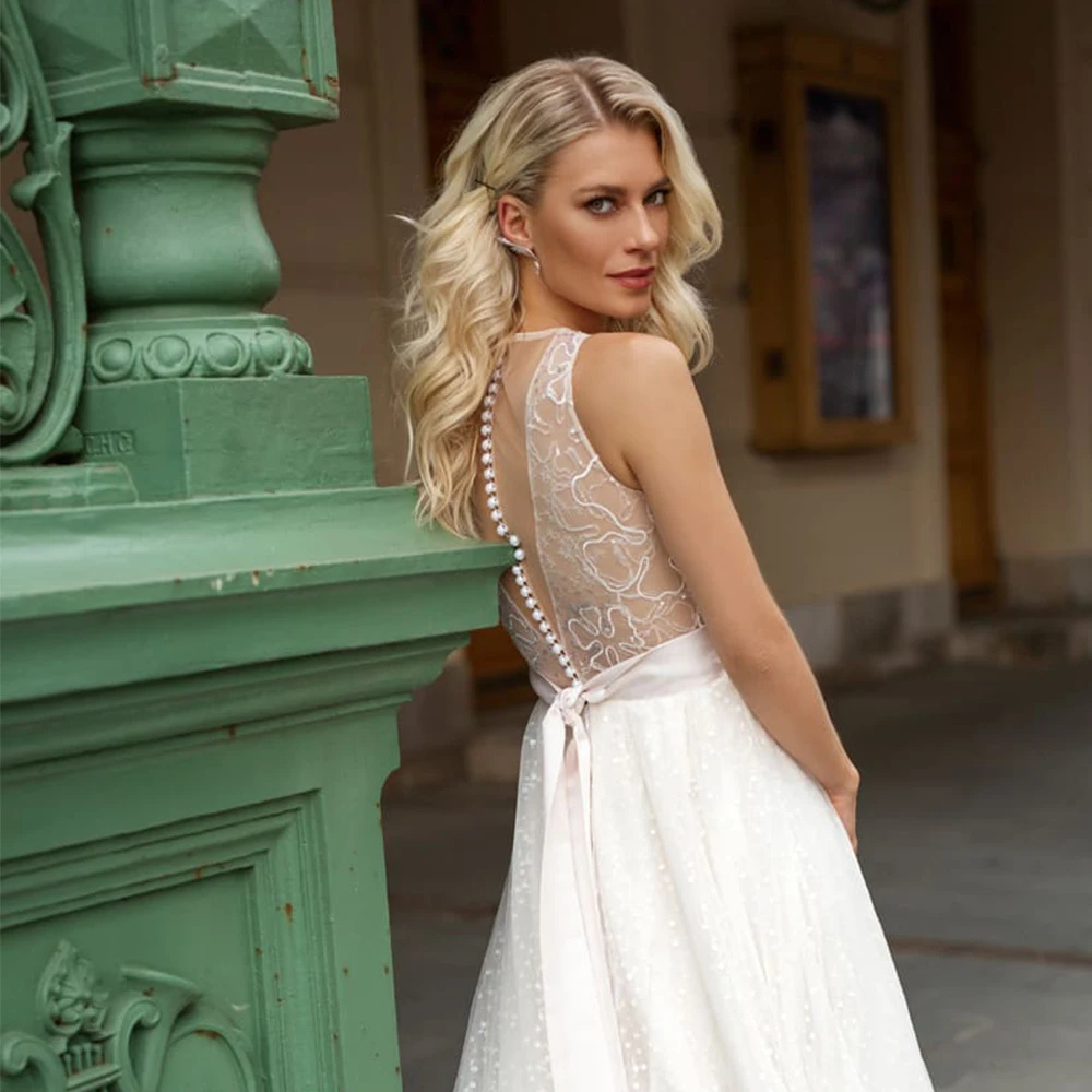 Vestido De Novia De tul De lunares, línea A, cuello redondo, botón De lentejuelas De encaje, sin mangas, vestido De Novia De princesa, tren De barrido con lazo