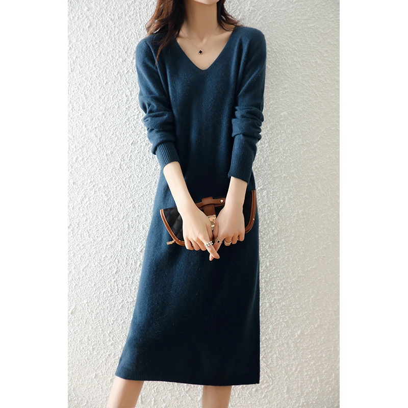 Autumn Winter 100% Wool Sweater Long Pullover Elegant Knit Straight Dress Women V-neck Loose Warm Casual Chic Dress Spring