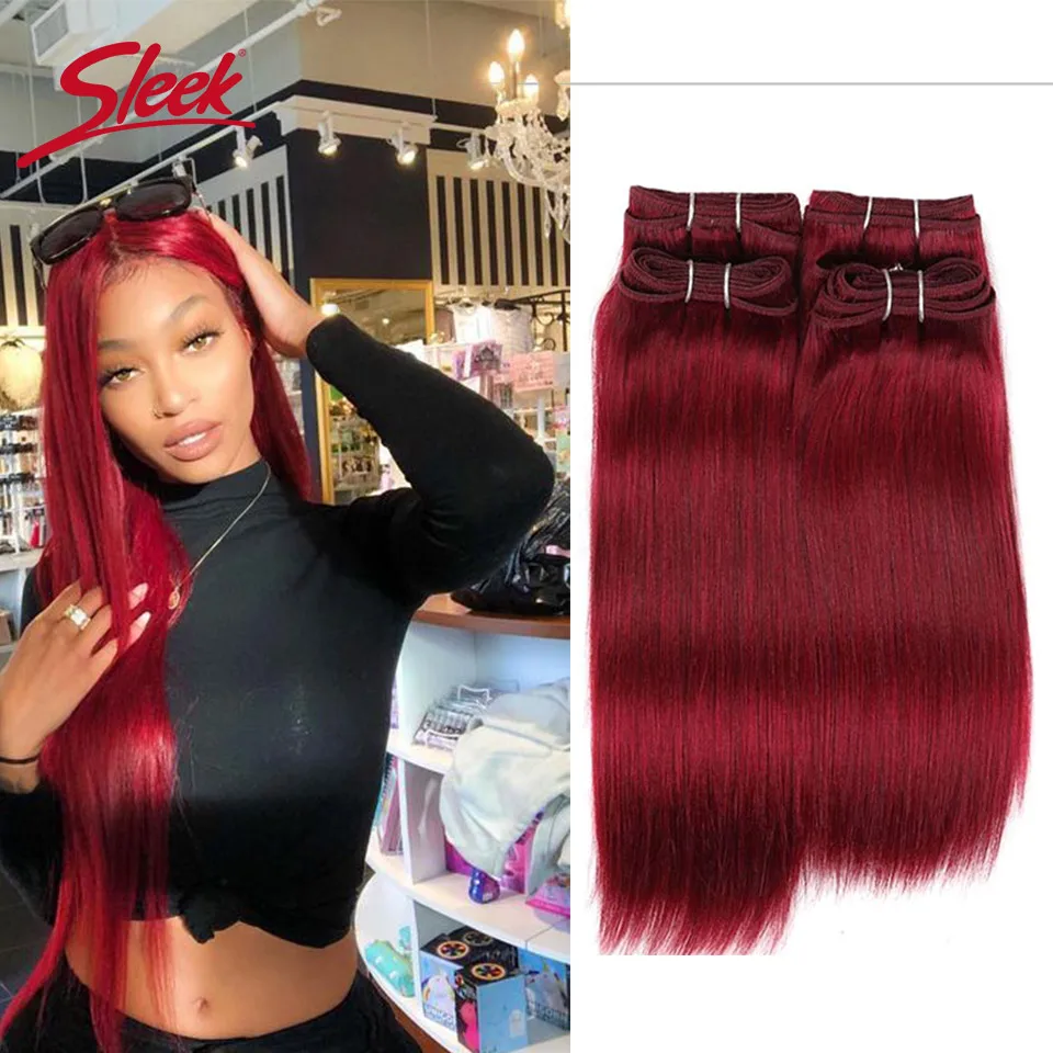 Sleek Natural Brazilian Yaki Straight Remy Extensão do cabelo, 100% Cabelo Humano, Vermelho 99J Brown, 4 # Cabelo, 190 gramas por pacote, 4 Pacotes Deal