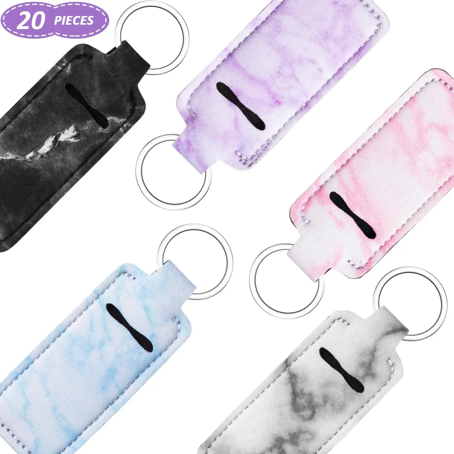 20pcs Clip-on Chapstick Sleeve Pouch Lipstick Holder Keychain Elastic Lip Balm Holster Marble Neoprene Chapstick Holder