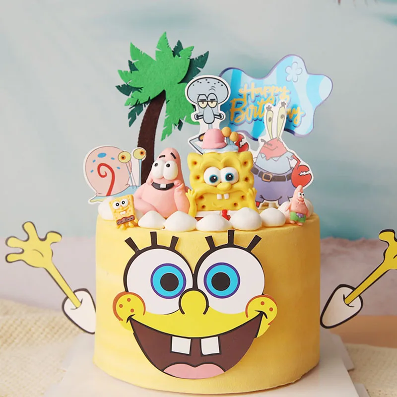 Yellow Sponge Baby Theme Cake Toppers for Birthday Party Cartoon Baby Shower First Birthday Cake Decoration Supplies Gifts Toy