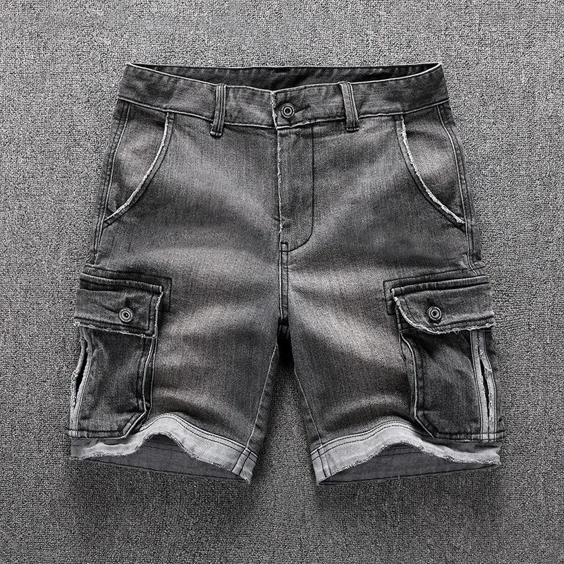 

Casual Mens Denim Shorts Wash Distressed Straight Cargo Shorts Fashion Streetwear Summer Loose Knee Length Pockets Jean Trousers