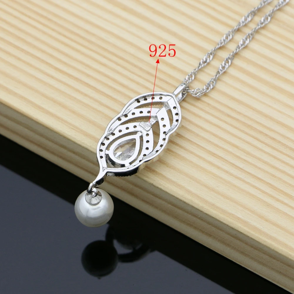 Silver Color Bridal Pearls Jewelry Sets Natural White Zircon Women Wedding Earrings Adjustable Ring Lover Necklace Set - view 6