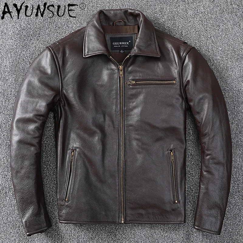 Genuine Real Leather Jacket Men High Quality Cowhide Leather Coats Casual Brown Jackets Veste Cuir Homme 2021 KJ7838