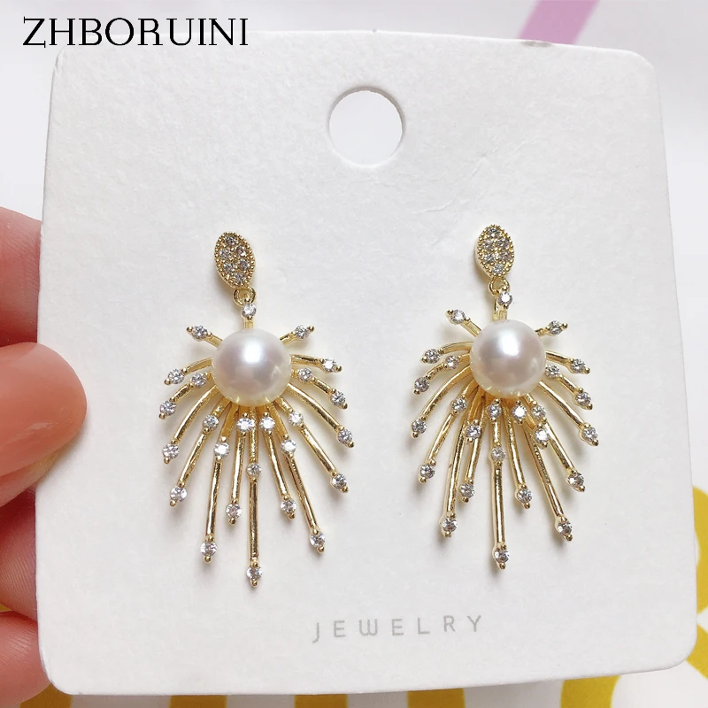 ZHBORUINI New 2021 Trend Pearl Earrings 14k Gold Plating Fireworks 925 Silver Earring For Women 100% Real Natural Pearl Jewelry