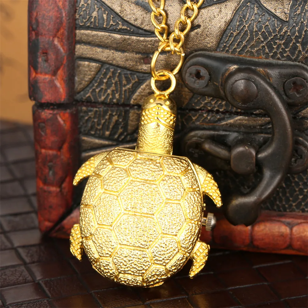 Cute Golden Turtle Quartz Pocket Watch for Kids Pendant Necklace Pocket Clock Gifts reloj de bolsillo