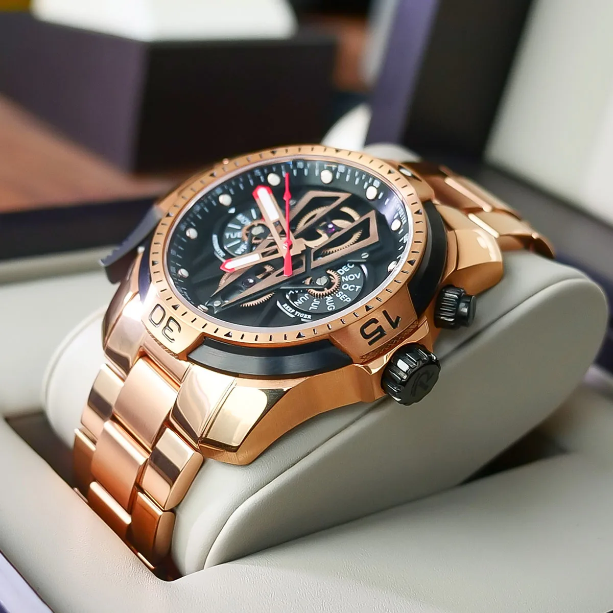 Reef Tiger/RT Top Brand Rose Gold Sport Automatic Stainless Steel Men Fashion Mechanical Bracelet Waterproof Watches RGA3591