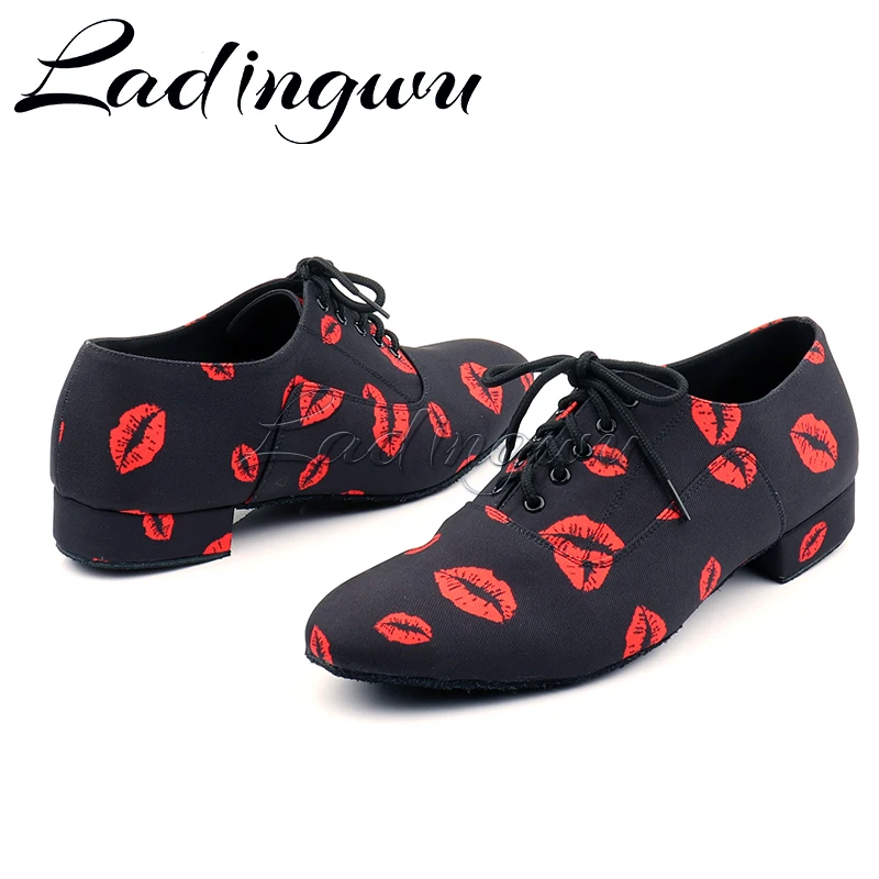 Ladingwu Sneakers Latin Dance Shoes Men Dance Shoes Black Heel 2.5cm 4.5cm Female Red lip Satin Ballroom Dance Shoes Men