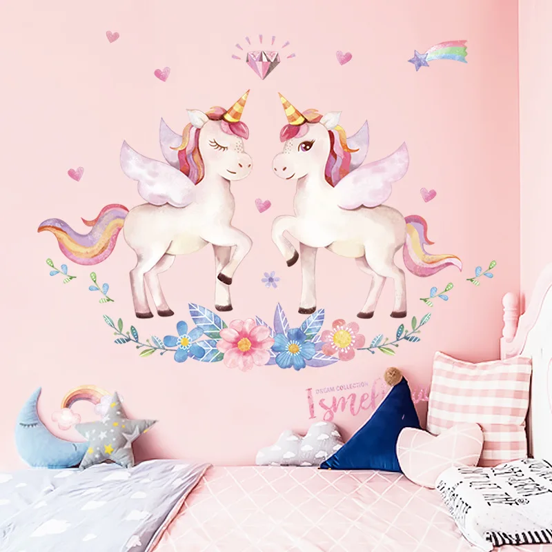 Cartoon Unicorn Wall Stickers Horse Pattern For Kids Room Decor Girls Bedroom Decoration Posters Cute Animals Wallpaper Stickers