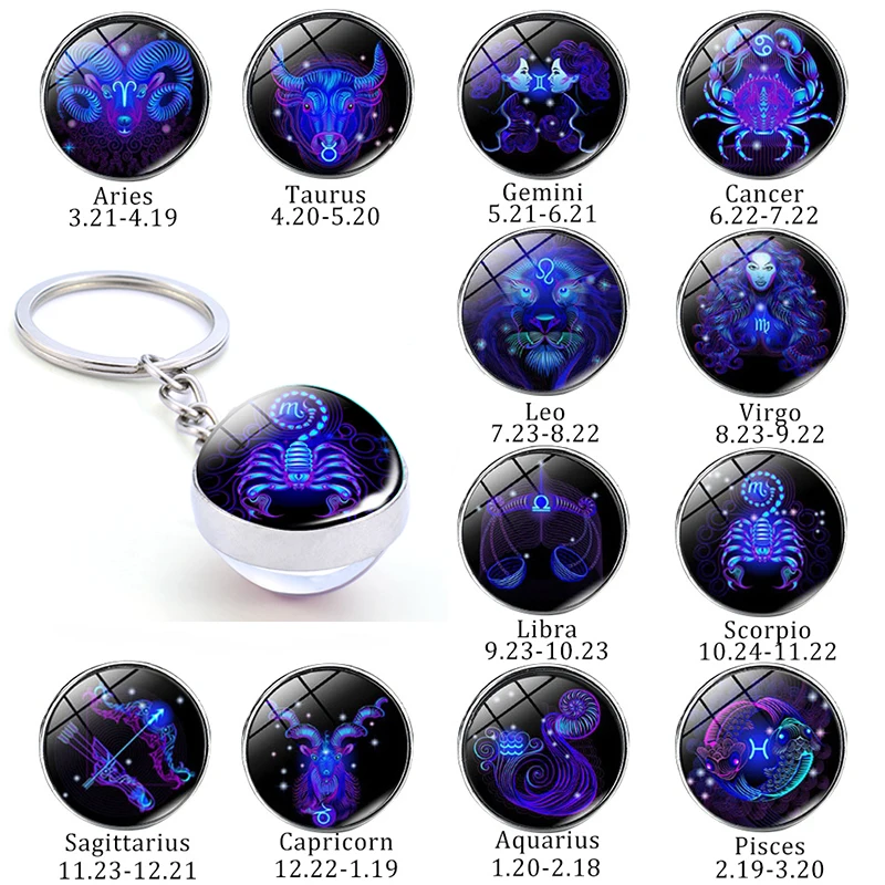 New 12 Constellation Keychain Bull Sheep Lion Crab Scorpion Zodiac Glass Ball Key Chain Car Key Ring Men Birthday Gift