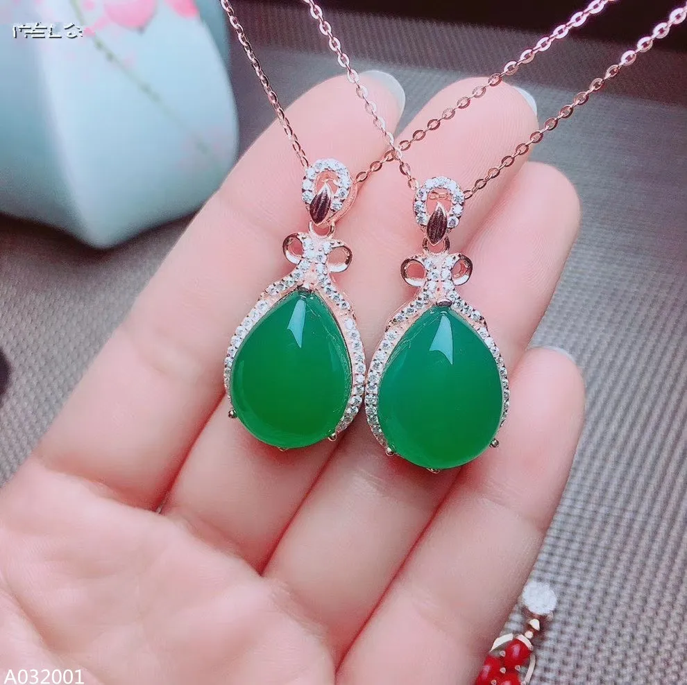 

KJJEAXCMY Fine Jewelry 925 sterling silver natural green chalcedony gem inlaid female money chain pendant set of 2 supports dete