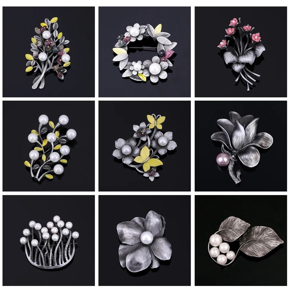 Elegant Gravel Beaded Simulated Pearl Brooch Pin Plant Jewelry Tree Flower Enamel Brooches for Women Clothes Accessories