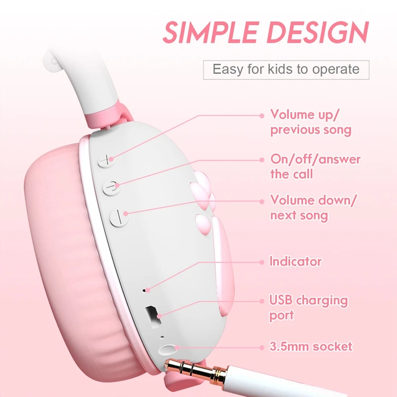 Fone de ouvido sem fio com orelha de gato bluetooth-compatível 5.0 fone de ouvido com microfone led fone de ouvido para crianças/crianças/meninas presente