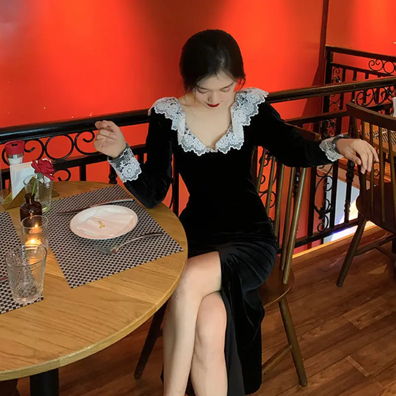 Long Sleeve Dress Women Lace Side Split Design Velvet All Match Vintage Classic Fashion Korean Elegant Ladies Party Vestidos Ins