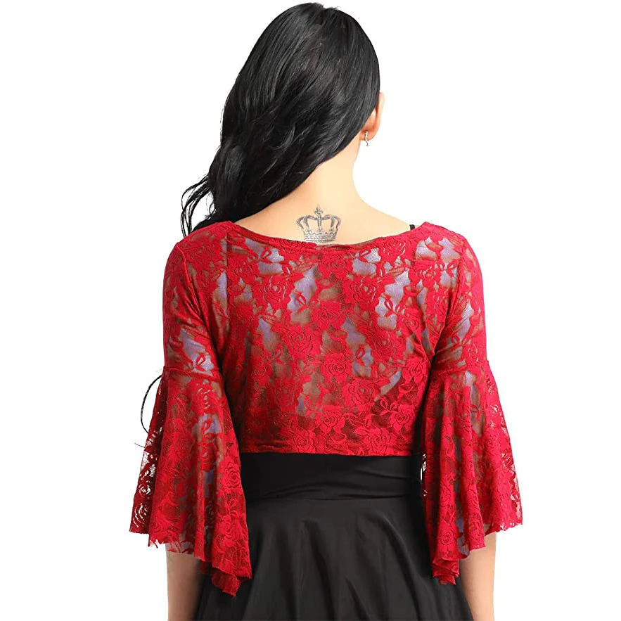 Women's Floral Lace Tops Butterfly Flare Sleeve Lightweight Blouse Cardigan Sheer Shrug Tie Top Open Front Rose Pattern Choli