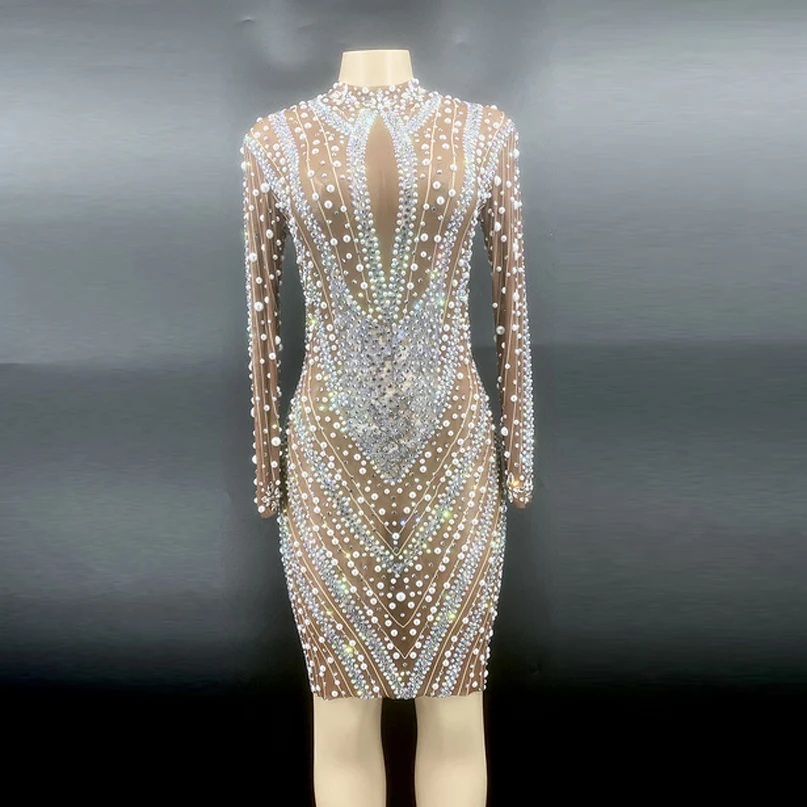 

Rhinestone Pearl Transparent Short Evening Dress Birthday Celebrate Costume Wedding Dancer Prom Party Dress