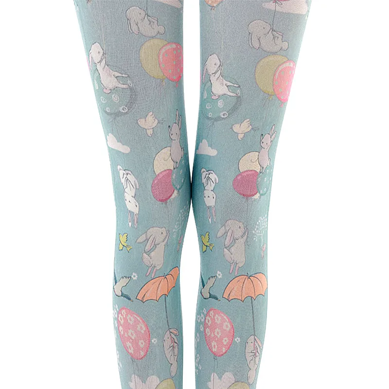 

Women Tights with Cute Rabbit Playing with Balloons Print Harajuku Lolita Smooth and Heat Tech Super Stretch Pantyhose Leggings