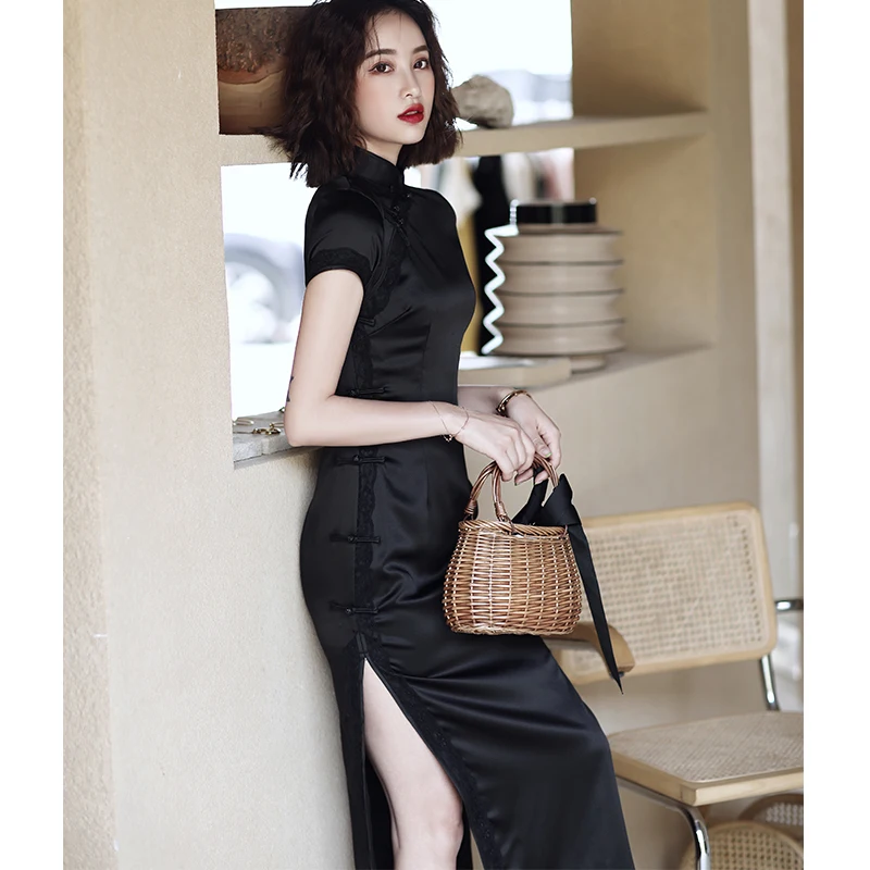 

Chinese Dress Black Qipao Evening Dress Silk Satin Traditional Style Robe Hanfu Cheongsam Cosplay Costume Dresses Oriental Dress