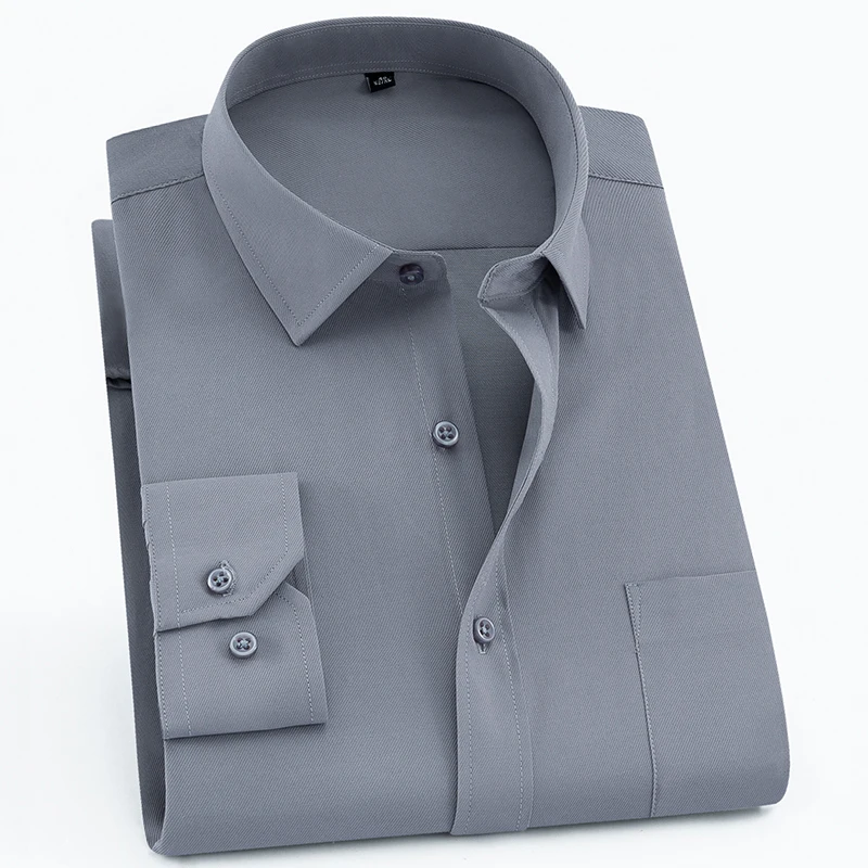 Camisa de vestir básica sólida de manga larga para hombre, camisa a rayas de ajuste estándar, bolsillo de parche único, trabajo Formal de negocios,