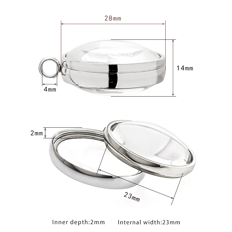 1pc 17mm 23mm 28mm 30mm Stainless Steel Floating Locket Pendant Double Curved Glass Memory Locket For Necklace Making Medallion