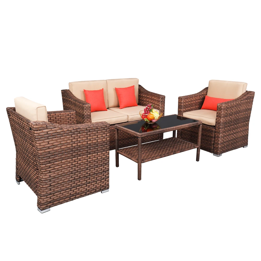 

US Warehouse Wide Rattan Double Contiguous Rattan Four-Piece Suit 1 Double 2 Single 1 Double Coffee Table Outdoor Furniture Set