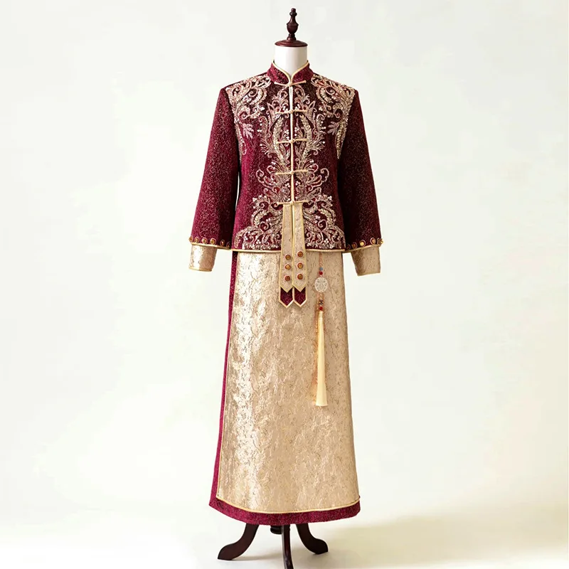 Oriental Xiuhe suit gentlemen bridegroom Chinese Gown Robe golden toast Clothing wedding champagne Red Jacket + Skirt