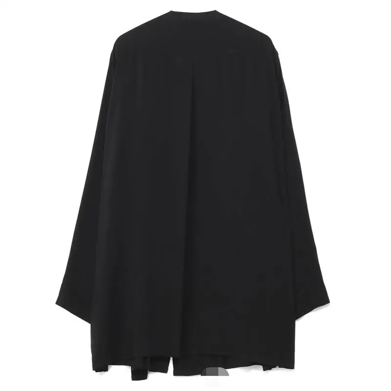 الربيع والخريف الرجال الحرير الاصطناعي الياقة المستديرة اليسار كاذبة طبقتين من التصميم غير النظامية نقية فضفاضة معطف طويل الأكمام