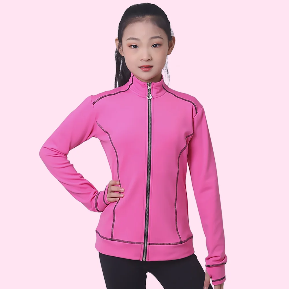 Customized Figure Skating Suits Jacket and Pants Long Trousers for Girl Women Training Ice Skating Warm black pink Mesh sleeve