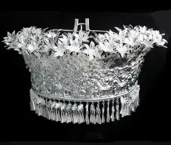 Miao Cap Chinese Folk Dance Hat Women Sliver Colour 10 Horse 3 Layer Flower Hmongb Festival Headwear Stage
