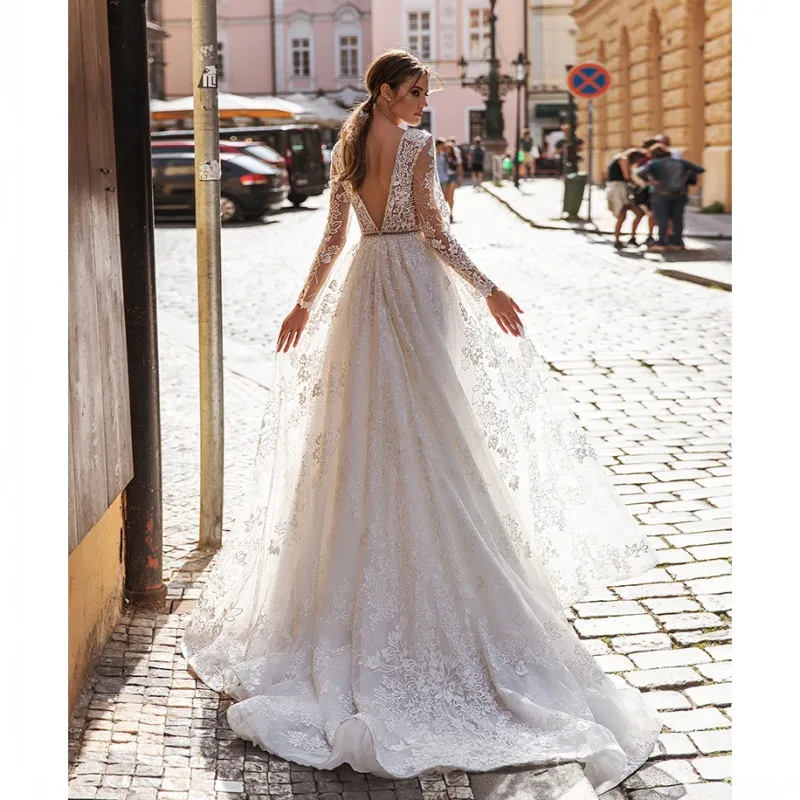 Thinyfull Elegante Backless Abiti Da Sposa UNA Linea di Collo A V di Lunghezza Del Pavimento Abiti Da Sposa di Tulle Del Merletto Appliques Vestido De Novia 2020