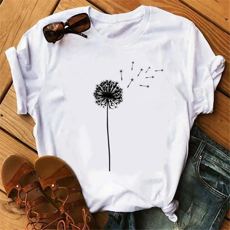 

Summer New T Shirt Women Dandelion Bouquet Print Short Sleeve Casual Loose White T-Shirt For Girls Students Lady Tops Tees