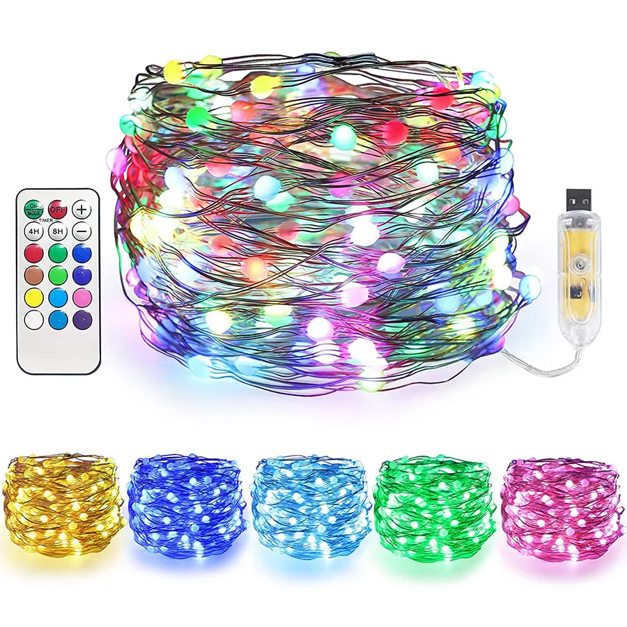 10/20M RGB Christmas Tree String Light Garland With Remote Copper Wire Fairy Light String For Home Wedding Party Decoration