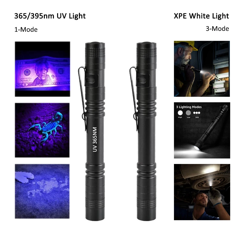 New Portable Mini 3W LED UV Penlight Ultraviolet Pen Light Flashlight With Clip For Glue Curing Pet Urine Detect Use AAA Battery