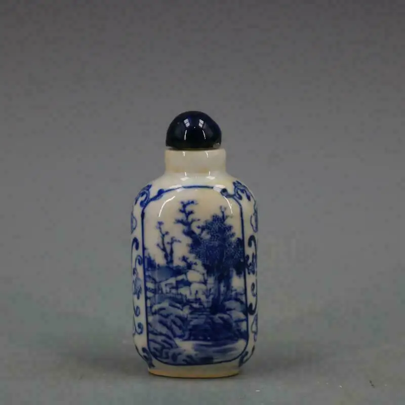 Chinese Blue and White Porcelain Qing Kangxi Mountain River Design Snuff Bottle