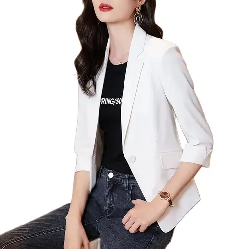 Imagen 2 del producto Blazer fino de color liso para mujer, chaqueta de traje corta ajustada de manga tres cuartos para primavera y verano, blusas con una hebilla, color blanco, 2025